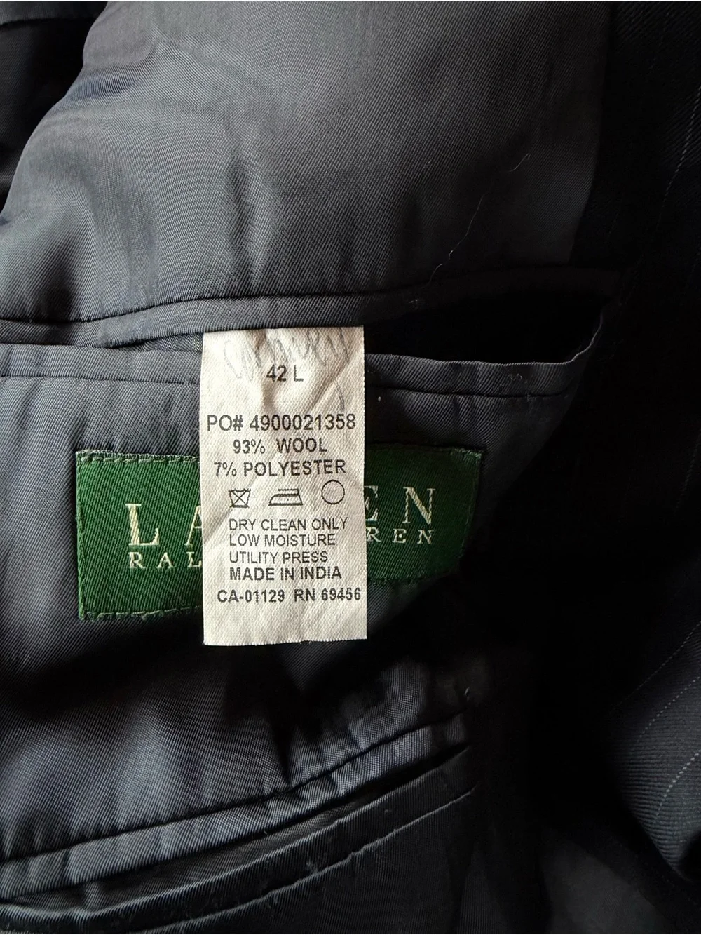 Lauren Ralph Lauren Mens 42L 2 Piece Suit Wool navy pinstripes. W36 L31 cuffed